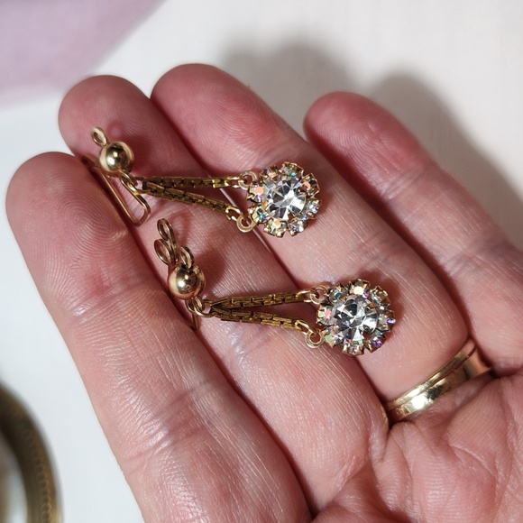 Vintage AB Aurora Borealis Gold tone Slide on Halo Chandelier Drop Earrings - Picture 4 of 7